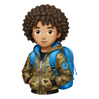 blasian teenager with curly hair, and bape x sprayground hoodie and sprayground backpack sticker