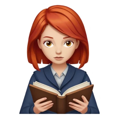woman with red hair, reading a rulebook sticker