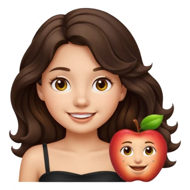 Transform the girl into an iOS Apple emoji style with a round face, simplified features, smooth shading, large expressive hazel eyes, dark brown long wavy hair, wearing a black tube top, on a neutral background, matching the look of Apple emoji style. sticker