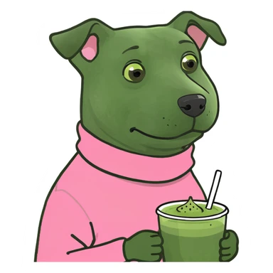 Clean girl dog with a pink sweater and a matcha sticker