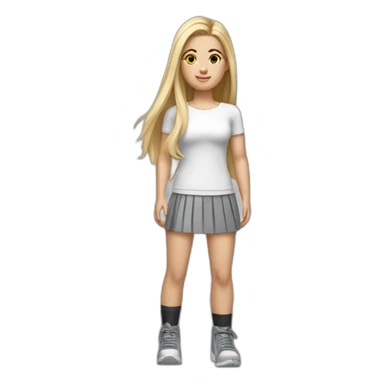 hyperrealist caucasian long straight hair blonde brown eyes strapless white sports top gray tight mini skirt black shoes complete body sticker
