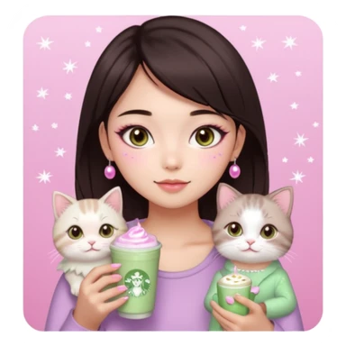 asian girl with short dark brown hair and dark brown eyes with a soft girl pink glowup aesthetic, matcha latte, 2 light brownragdoll cats, and sparkles, makeup, and money. more sparkles sticker