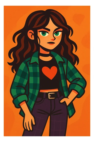 a girl with wavy long brown hair, green eyes, grunge style, modern illustration style sticker