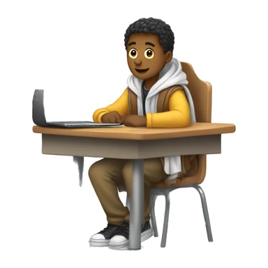 male student sitting at a school desk, a Chromebook with a blanket wrapped around shoulders sticker