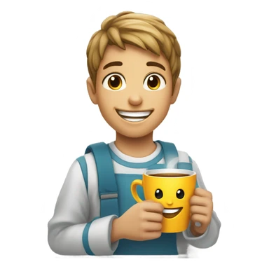 smiling boy with cup indoors with a phase “Gloria a Deus” sticker