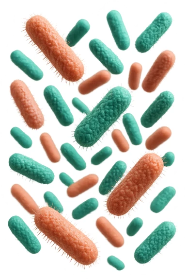 batteri intestinali rosa salmone e turchesi fluttuano in aria, iperrealistici 4k sticker