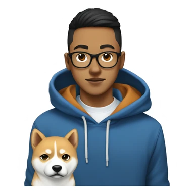 A young guy with white ponytail, black-framed glasses, a nose piercing, a blue hoodie and a Shiba Inu dog next to him sticker