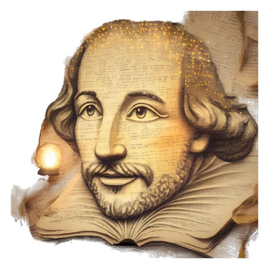 Glowing Shakespeare made of newspaper and bokeh fairy lights lanterns stained glass, fairy lights, bokeh, annotated sketch, handwritten letters, collage of intricate patterns, lantern, bokeh sticker