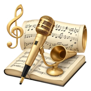Create an elegant and refined emoji that represents classical or academic vocal performance. The design should feature a microphone, sheet music with musical notes, and a treble clef to symbolize the vocal artistry and music theory behind academic singing. Add subtle elements like a vocal warm-up chart or a grand piano to reflect the classical training. Use classic colors like gold, silver, and deep blue to emphasize sophistication and professionalism. The background should be transparent. sticker