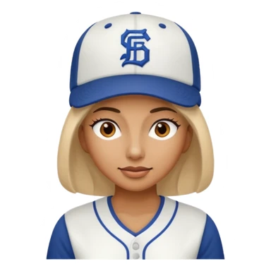 woman with white jersey and baseball hat sticker