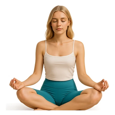 aesthetic blonde girl meditating, wearing blue #2f88ae biker shorts and a white spaghetti strap tank top, wellness vibe sticker
