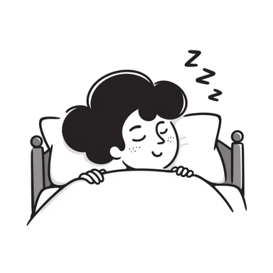 A person sleeping peacefully in bed with a soft smile, gentle z's floating above their head. Cozy, calm feeling with soft colors. Hand-drawn doodle style. sticker
