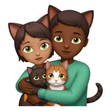 Crea un emoji donde salga un chico moreno con los ojos claros, una chica morena con los ojos marrones y SOLO UN gato europeo comun de pelaje oscuro y ojos verde claro, quiero que se esten abrazando y el gato este en el medio del chico y la chica sticker