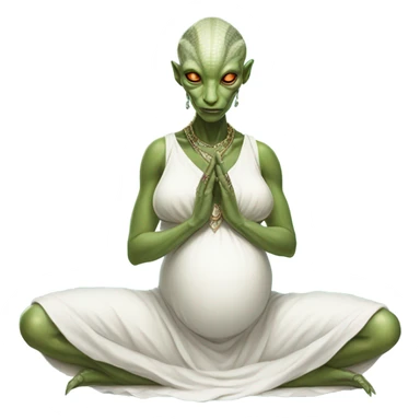 a Reptilian alien woman, pregnant, in meditation, white dress like a priestess sticker
