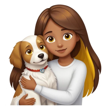 A girl with long brown hair with yellow highlights, big eyes and slightly dark skin happily hugs a white dog tightly sticker