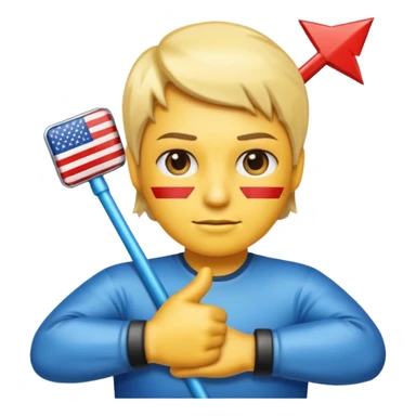 Freezing face emoji, American flag emoji, person with arms crossed emoji, glossy right-pointing arrow, all arranged in a single horizontal line, highly polished game UI style. sticker