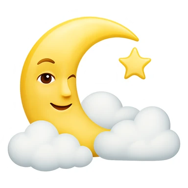 Add fluffy clouds partially covering the crescent moon. Keep the background transparent. sticker
