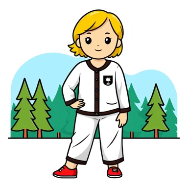 Greta wearing pj pants in Germany with trees near her sticker