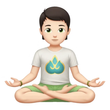 Menino branco de cabelo escuro, camiseta e bermuda verde claro sentado em pose de Buda com as mãos em forma de Mudra sticker