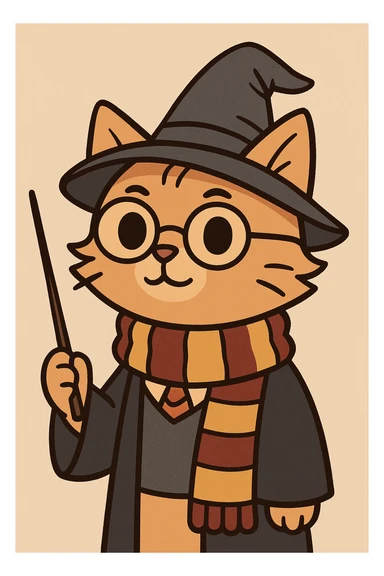 a cat as Harry Potter with glasses, wizard hat, and scarf, holding a wand, cartoon style, flat toon sticker