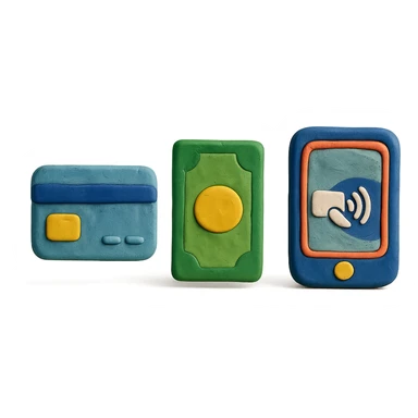 claymation style payment method icons: credit card, cash, phone sticker