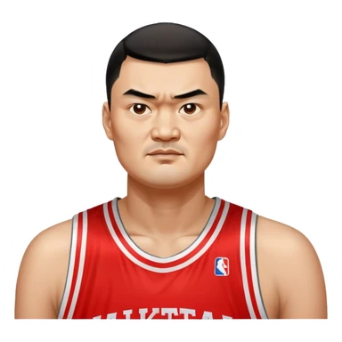 Yao Ming – Cinematic Realistic Portrait of Yao Ming, depicted as a towering basketball icon in a modern uniform, with a gentle yet determined expression and dynamic arena lighting that highlights his immense stature and graceful athleticism. sticker