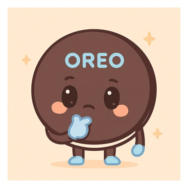 an Oreo cookie with a hand on its chin, thinking, cute style sticker