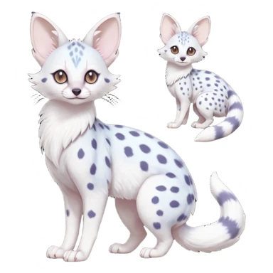 White Albino frosty snow-white whitish pastel-grey-spotted Serval-Civet-Genet-Trico-Furret-Linoone-Noibat-Espeon-Fakémon-Pokémon-animal-hybrid-fusion-creature (full body) with vibrant glowing eyes, cute, elegant, soft, realistic, pastel fur sticker