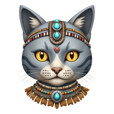 cat, wear tribal shaman cloth, half face robot sticker