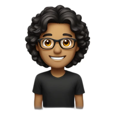 Caramel smiling man, dark brown eyes, black long wavy hair, no facial hair, thin and long nose, round glasses, black t shirt sticker