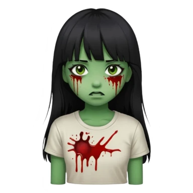 Garota de cabelo longo e preto com franja com a pele esverdeada e ferimentos expostos cobertos com sangue, usa uma camiseta branca rasgada e suja de poeira  sticker