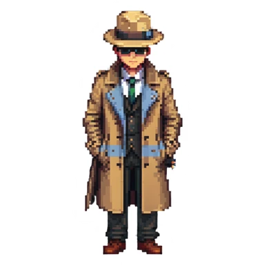 Штирлиц as a pixel art character, retro spy theme sticker