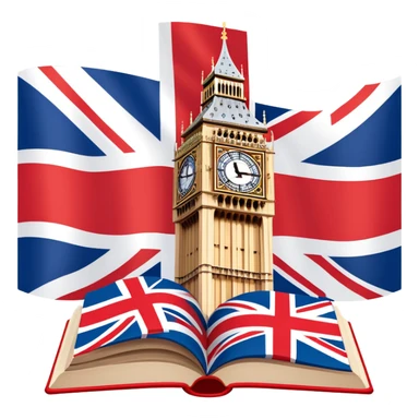 An icon featuring the Big Ben clock tower and the flag of the United Kingdom, symbolizing the English language. The design includes an open book with English words and phrases, representing language learning and cultural exploration. Transparent background  sticker