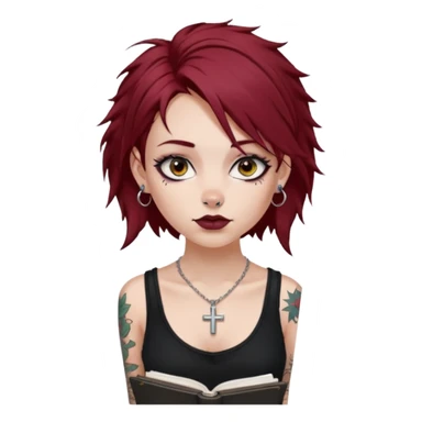 generate an ios genmoji of a girl with dark red messy hair with eyeliner on her eyes.  septum piercing, wearing a cami black top, has tattoos, on shoulders. ear piercings. wearing a cross silver necklace. Holding an overfilled sketchbook sticker