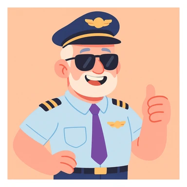 middle-aged male pilot, white skin, silver hair, beard, smiling, wearing sunglasses, pastel toon cartoon style sticker
