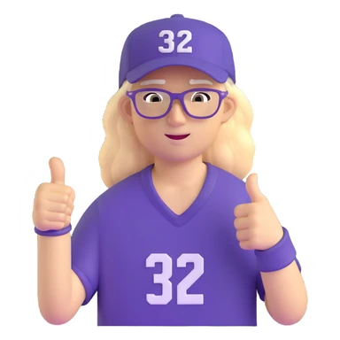 Man with black and white cap, purple sports jersey with number 32, clear glasses, messy light blond mullet hairstyle, thumbs up, content expression sticker