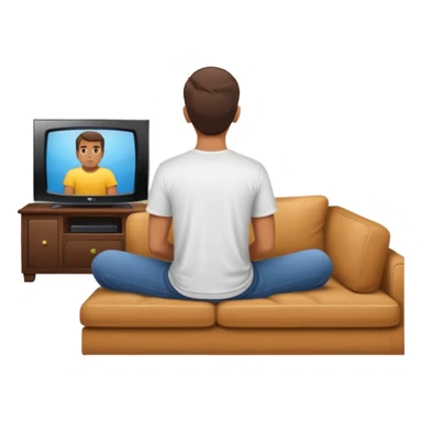 A man photographed from behind, sitting on a sofa and watching the news on TV. The setting is a living room. sticker