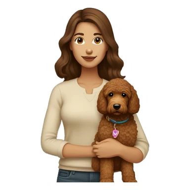 woman with straight brown hair holding a brown mini golden doodle sticker