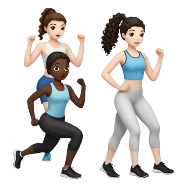 3 women exercising. The woman on the left has pale white skin and curly brown hair in a ponytail. The woman in the middle has black skin and curly black hair. The woman on the right has pale white skin and straight, brown hair in a ponytail. sticker