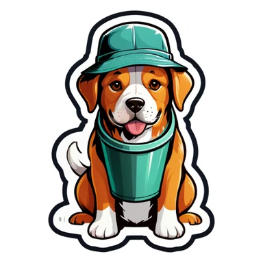 Dog with a tank top and a bucket hat sticker