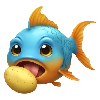 goldfish eating a potatoes that have blue hair sticker