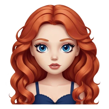  long wavy red hair, pale skin, dark blue eyes, pretty bratz baddie, black eyeliner, blush sticker