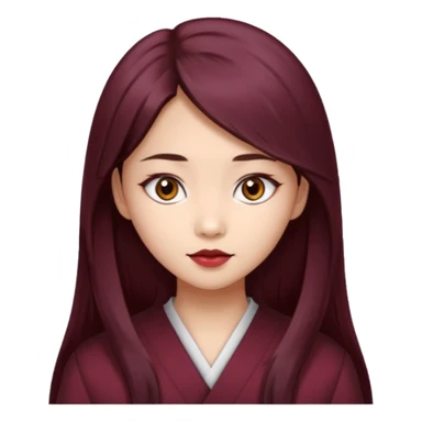 asian girl, long dark burgundy brown hair, hazel brown eyes, half lidded eyes, wolfcut hairstyle sticker