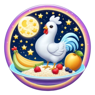 Magical fitness galaxy with ethereal glowing water bottle, celestial sun rays, enchanted floating chicken and rice plate, mystical sparkling gym equipment, luminous yogurt, twinkling fruit pieces, and dreamy moon and stars, all orbiting in perfect harmony within a cosmic starry circle sticker