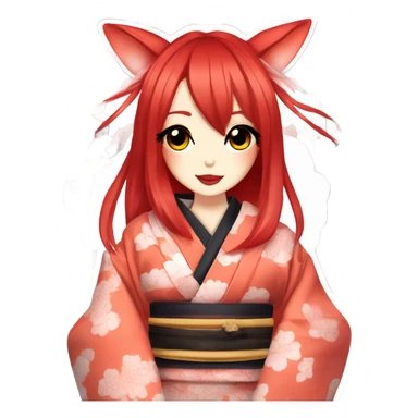 hime gyaru girl, kimono, red hair, kitsune mask sticker