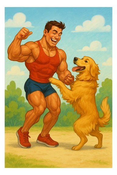 Bodybuilder che balla con un golden retriever sticker