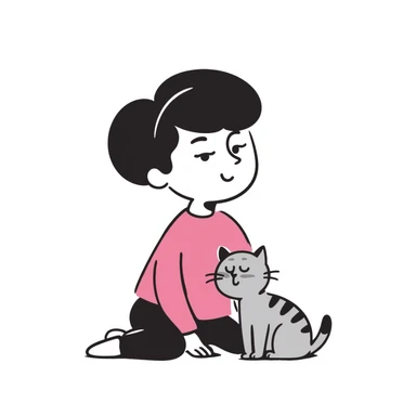 character with dark brown hair clipped back with a hairpin, sweet eyes, pink shirt, cat nearby sticker