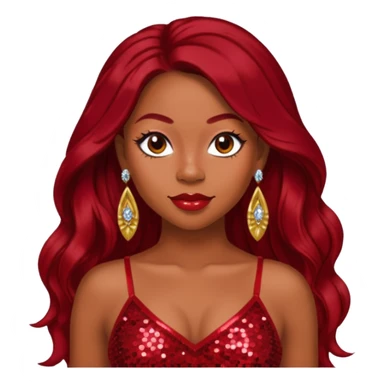 LaTavia Robeson with dark red long hair, red sequin crop top, red earring sticker