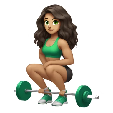 girl with long dark brown hair and green eyes squatting with a barbell sticker