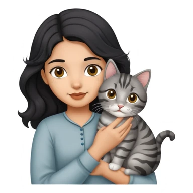 Indian girl with wavy hair holding grey tabby cat sticker